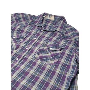 Western Frontier Pearl Snap‎ Shirt Size XL Gray Purple Plaid Short Sleeve